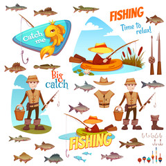 The set of vector illustrations with the fishermen and the different fish. 