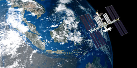 Fototapeta premium Extremely detailed and realistic high resolution 3D image of ISS - international space station orbiting Earth. Shot from outer space. Elements of this image are furnished by NASA.
