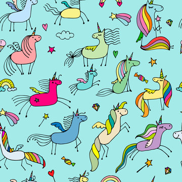 Fototapeta Magic unicorns, seamless pattern for your design