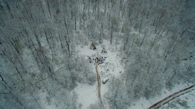 Ural forest, rock, mountain and river. Aerial view