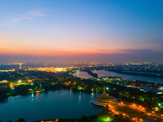 Aerial view of beautiful sunset in Rama 9 public park in Bangkok