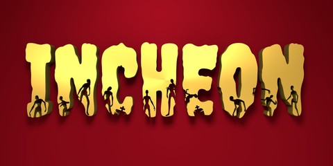 Incheon city name and zombie silhouettes on them. Halloween theme background. 3D rendering