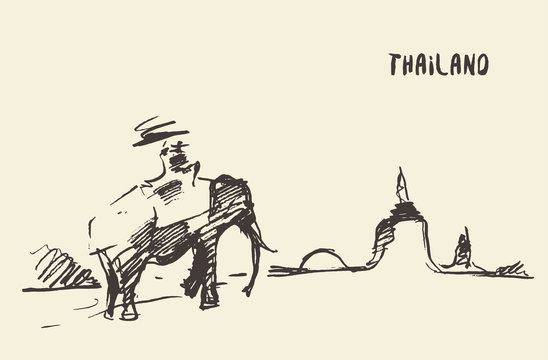 Elephant temple Thailand vector drawn sketch