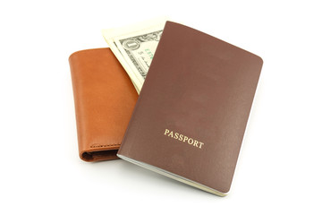 Brown wallet, passport and cash,on a white background