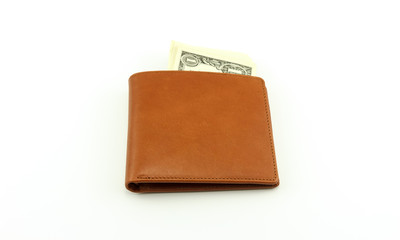 Brown wallet with cash On a white background