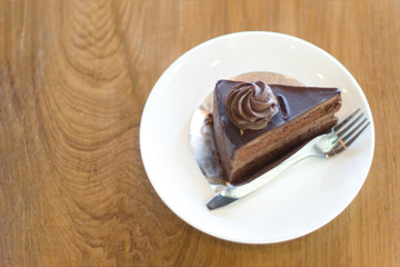 Chocolate black dark cake in the coffee shop delicious sweet