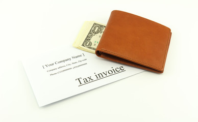 Brown wallet cash with tax invoice on a white background