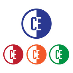 CE initial circle half logo blue,red,orange and green color