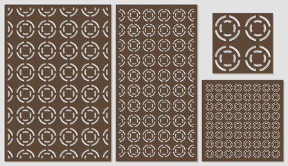 Set of decorative panels laser cutting. a wooden panel. Modern elegant classic round diagonal repeating pattern. The ratio 2:3, 1:2, 1:1, seamless. Vector illustration.