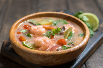 Tom yam kong or Tom yum, Tom yam is a spicy clear soup typical in Thailand