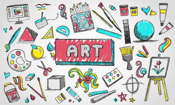Fine art equipment and stationary doodle and tool model icon in isolated background. Art subject doodle used for school education or document decoration with subject header text, create by vector