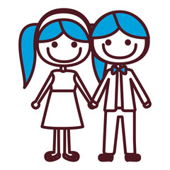 Obraz na płótnie Canvas hand drawing silhouette caricature boy blue hair and girl pigtails hairstyle with taken hands vector illustration