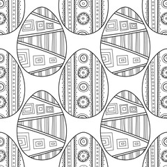 Black, white seamless pattern of decorative eggs for coloring page.