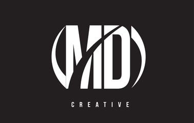 MD M D White Letter Logo Design with Black Background.