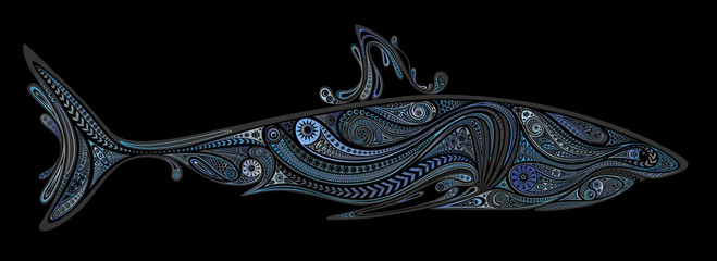 Beautiful blue shark vector patterns on a black background
