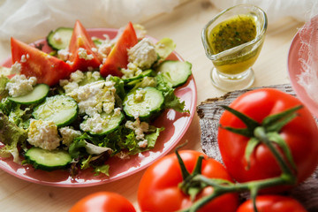 Greek Salad with Tomatoes, Cubed Feta Cheese, Olives, Cucumber and other Vegetables