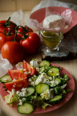 Greek Salad with Tomatoes, Cubed Feta Cheese, Olives, Cucumber and other Vegetables
