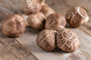Shiitake mushroom on wooden table.