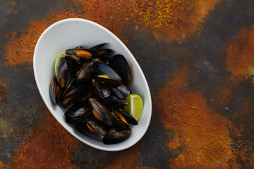 Mussels in white bowl
