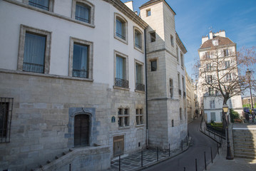 Fototapeta na wymiar Paris, typical Parisian building rue des Ursins, on the ile de la Cite, near the cathedral Notre-Dame de Paris 