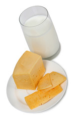 Cheese with milk on white background