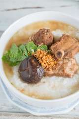 Close up, Rice porridge boiled pork ribs with shitake mushroom.