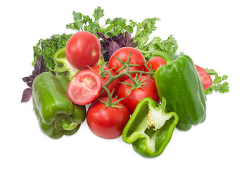 Branch of the tomatoes, green bell peppers and greenery
