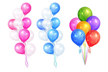 Bunches of colorful helium balloons isolated on white background. Party decorations for birthday, anniversary, celebration. Vector illustration. - 145530590