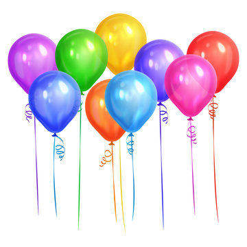 Bunch of colorful helium balloons isolated on white background. Party decorations for birthday, anniversary, celebration. Vector illustration.
