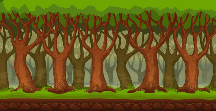 Panorama cartoon dense forest background. Seamless parallax for 2D arcade video game. Glade of green grass, trees and forest thicket. Vector illustration