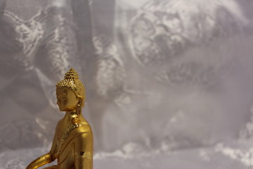 Golden Buddha Buddhist Figure White Scarf Background