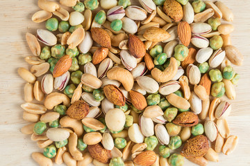 Mixed nuts on wood background. Top view.