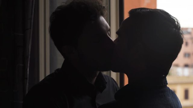 Silhouette of young men kissing with passion near the window