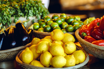 Wicker baskets with fruit and vegetables
