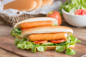 Hot dog with sausage, tomato, cucumber and lettuce.