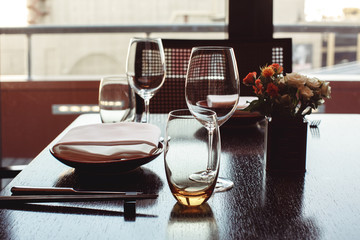 Served and decorated table in restaurant