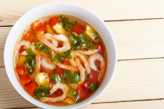 Soup of fresh vegetables with shrimps
