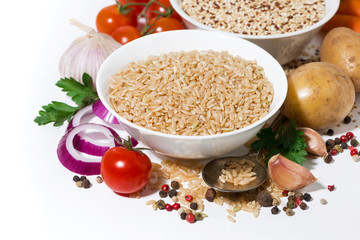 brown rice and quinoa and ingredients for soup, closeup