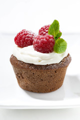 chocolate cake with fresh raspberries, vertical