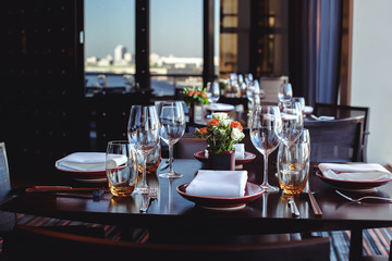 Fototapeta na wymiar Table set for banquet in restaurant