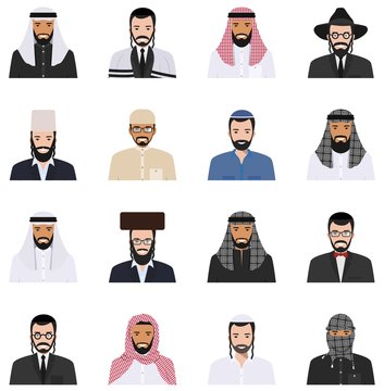 Different jewish and muslim arab men characters avatars icons set in flat style. Differences israel and islamic saudi arabic ethnic persons smiling faces in traditional clothing. Vector illustration.