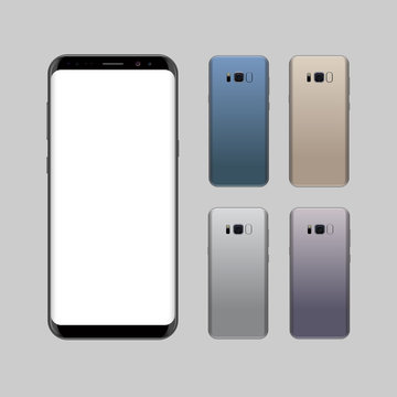 Smartphone design concept with different colors. Realistic vector illustration. Black smart phone front and back view
