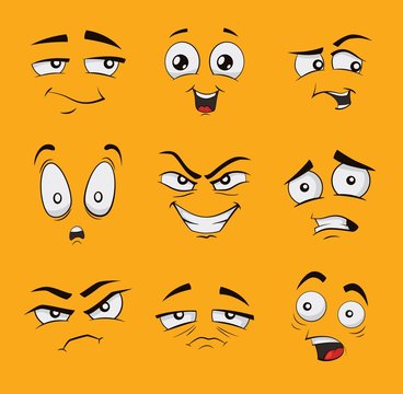 Set of funny cartoon faces with different emotions, like angry, scared happy or glad