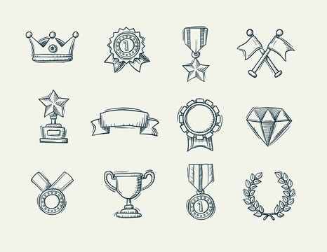 Award doodle icons set of trophy and medal icons, handdrawn vector illustration.