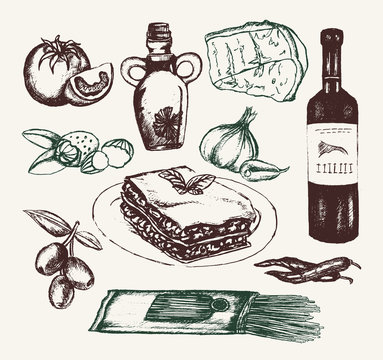 Italian Food - hand drawn illustrative composition.
