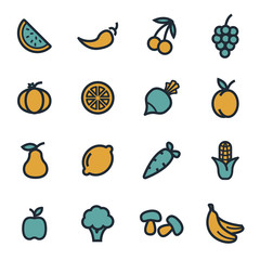 Vector flat fruit and vegetables icons set