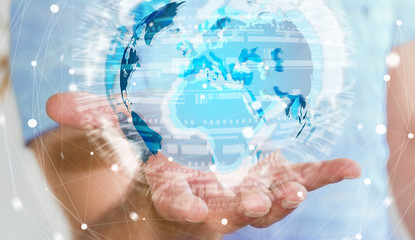 Businessman holding global network on planet earth 3D rendering