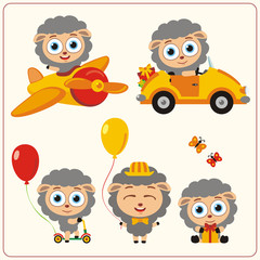 Set isolated sheep for holiday design. Sheep in airplane, car, with balloons and gifts. Collection funny sheep in cartoon style for children holiday and birthday.