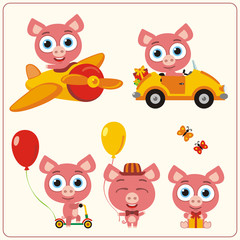 Set isolated pig for holiday design. Pig in airplane, car, with balloons and gifts. Collection funny pig in cartoon style for children holiday and birthday.