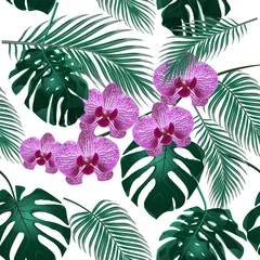 Badezimmer Foto Rückwand Jungle. Green tropical leaf, orchid flowers and palm leaves. Seamless floral pattern. Isolated on white background. illustration © lily_studio